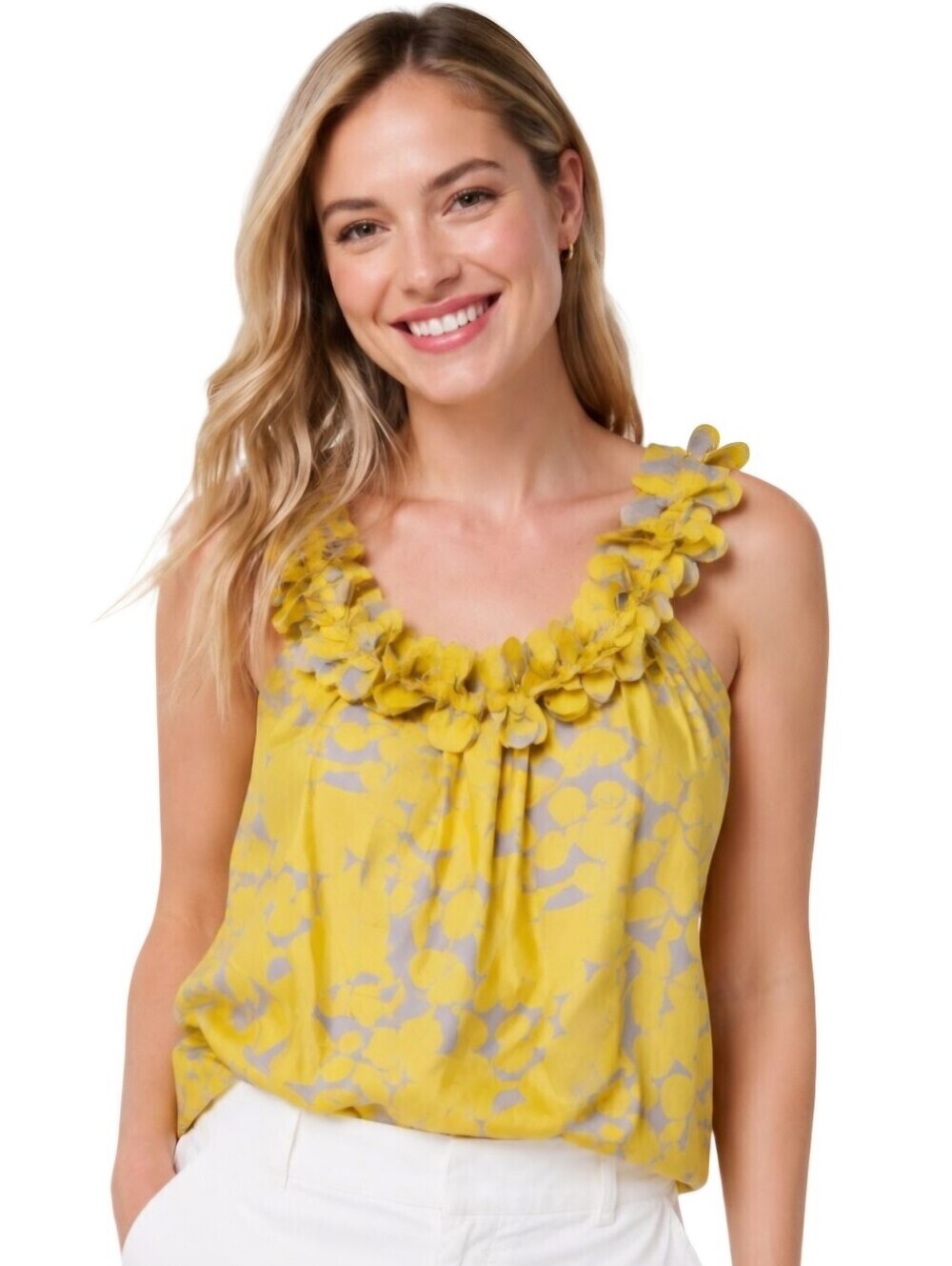 J.Crew 100% Silk Yellow Gray Ruffled Neckline Sleeveless Top Size M
